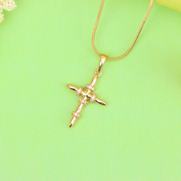 "Rose Gold Cross Pendant with CZ Ring Accents in Modern Sleek Style, XPPT1819 - Picture 11 of 13